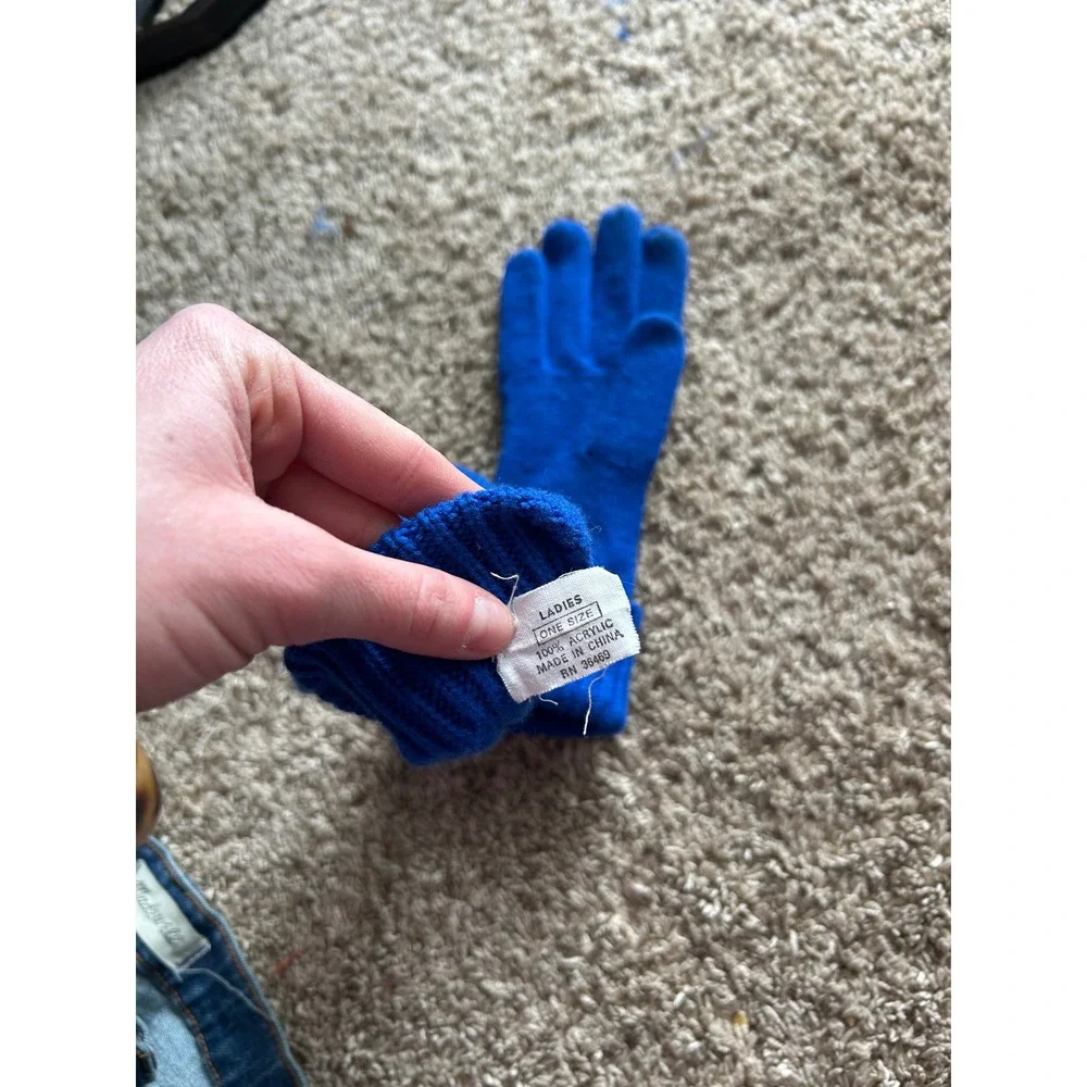 Royal Blue Ribbed Knit Full‎ Finger Gloves Fold Over Cuff Preppy Cozy Bold